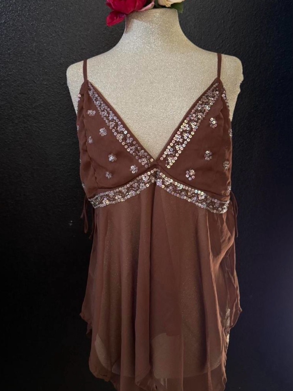 Brown Sequin-Trim y2k top